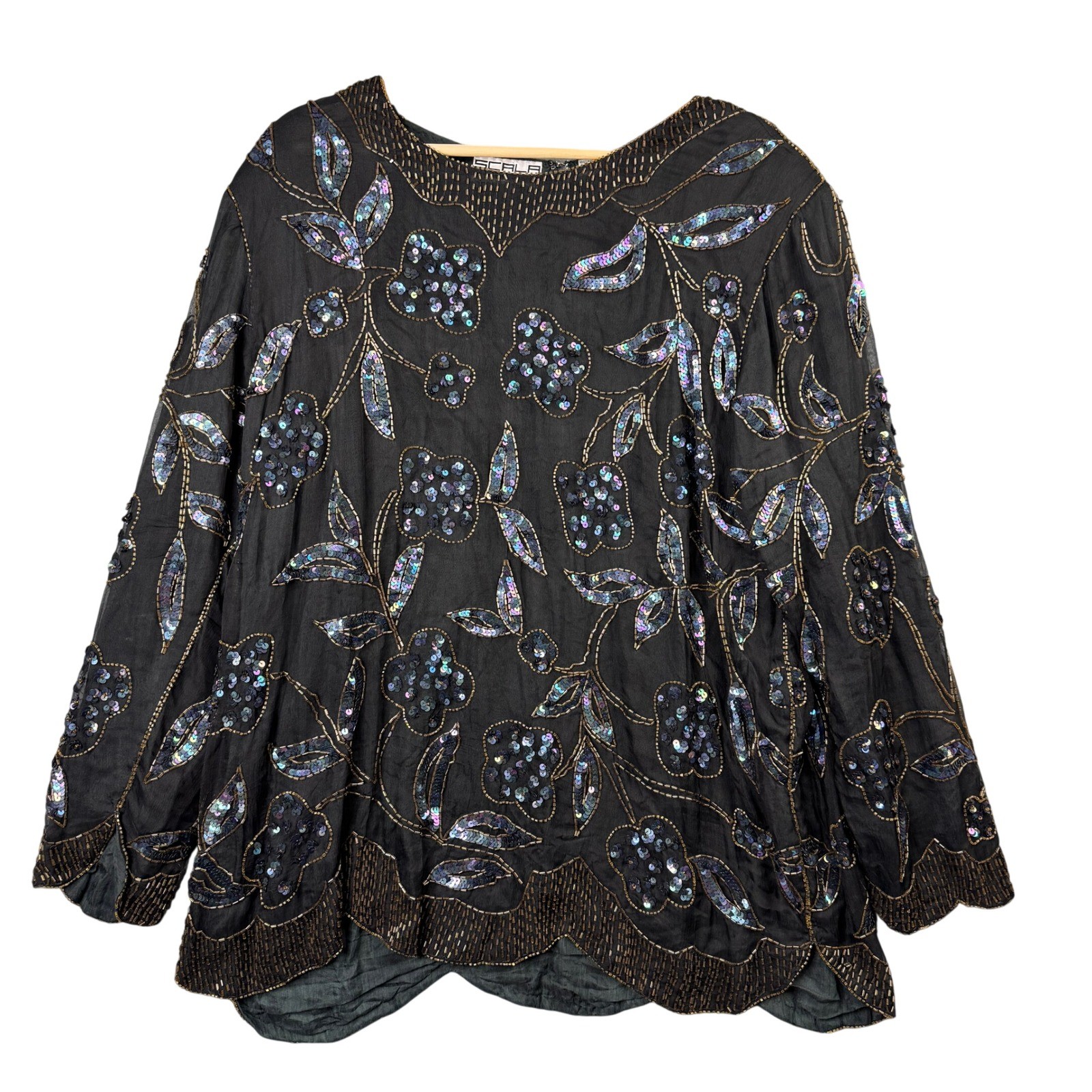 Scala Vintage 100% Silk Beaded Sequin Floral Blouse Black Iridescent Plus 1X