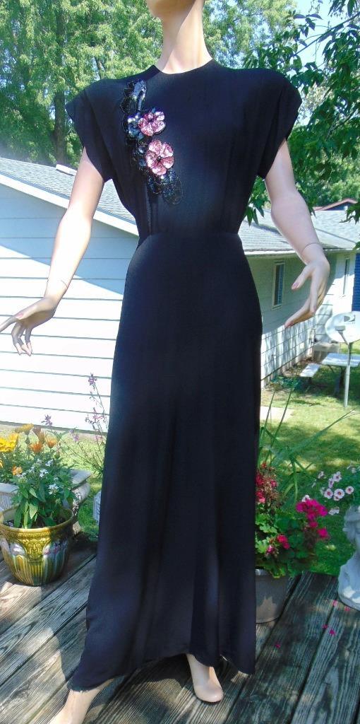 VTG 40s Black Rayon Sequin Cocktail Dress Back Drape 28W