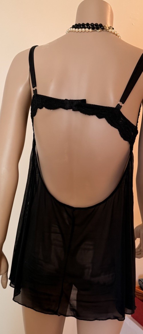 Vintage SHEER Silky Black CHIFFON & LACE Babydoll Chemise 36C Elegant Moments