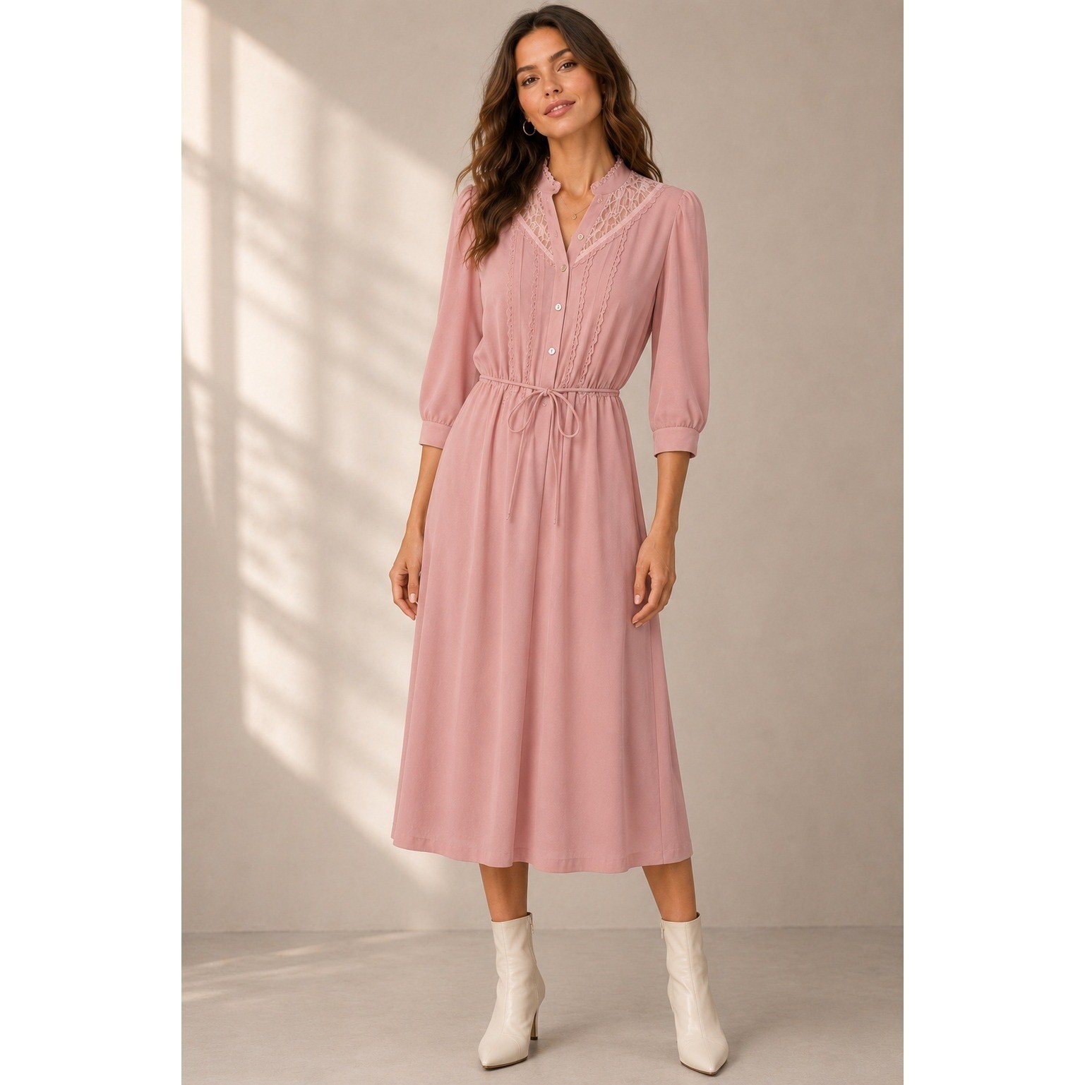 70s Montgomery Ward Pink Lace Prairie Midi Dress Cottagecore Romantic Medium