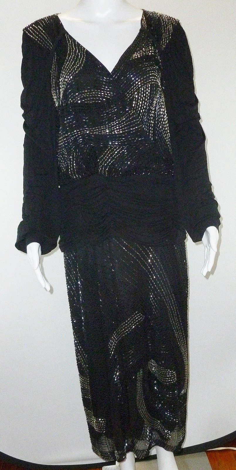 1980’s Vintage George Gross Vintage Silk Beaded Gown Size M Black Ruched Formal