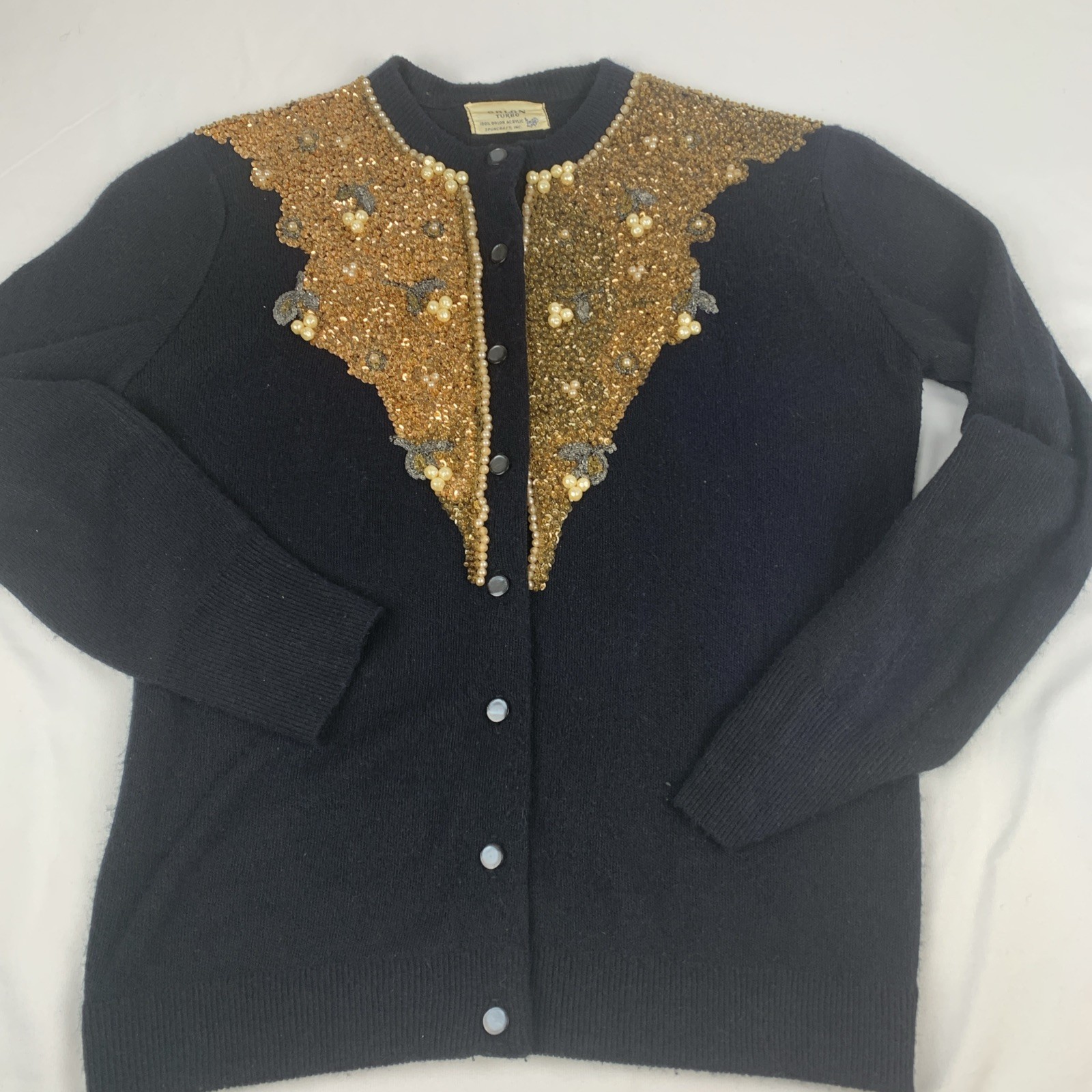 1960’s Orlon Turbo By Spuncraft Inc Black Sweater Gold Sequins, Small Sparkly