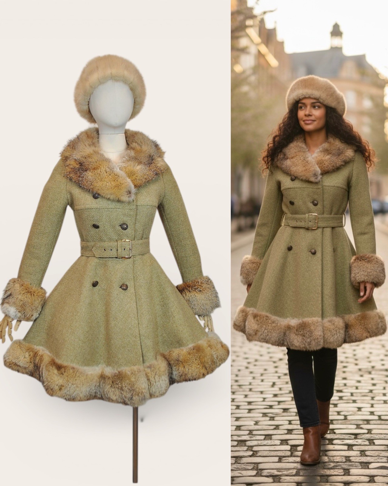 Vintage 1950s 60s Princess Coat Sage Green Wool Fox Fur Collar Cuff Pinup SMALL