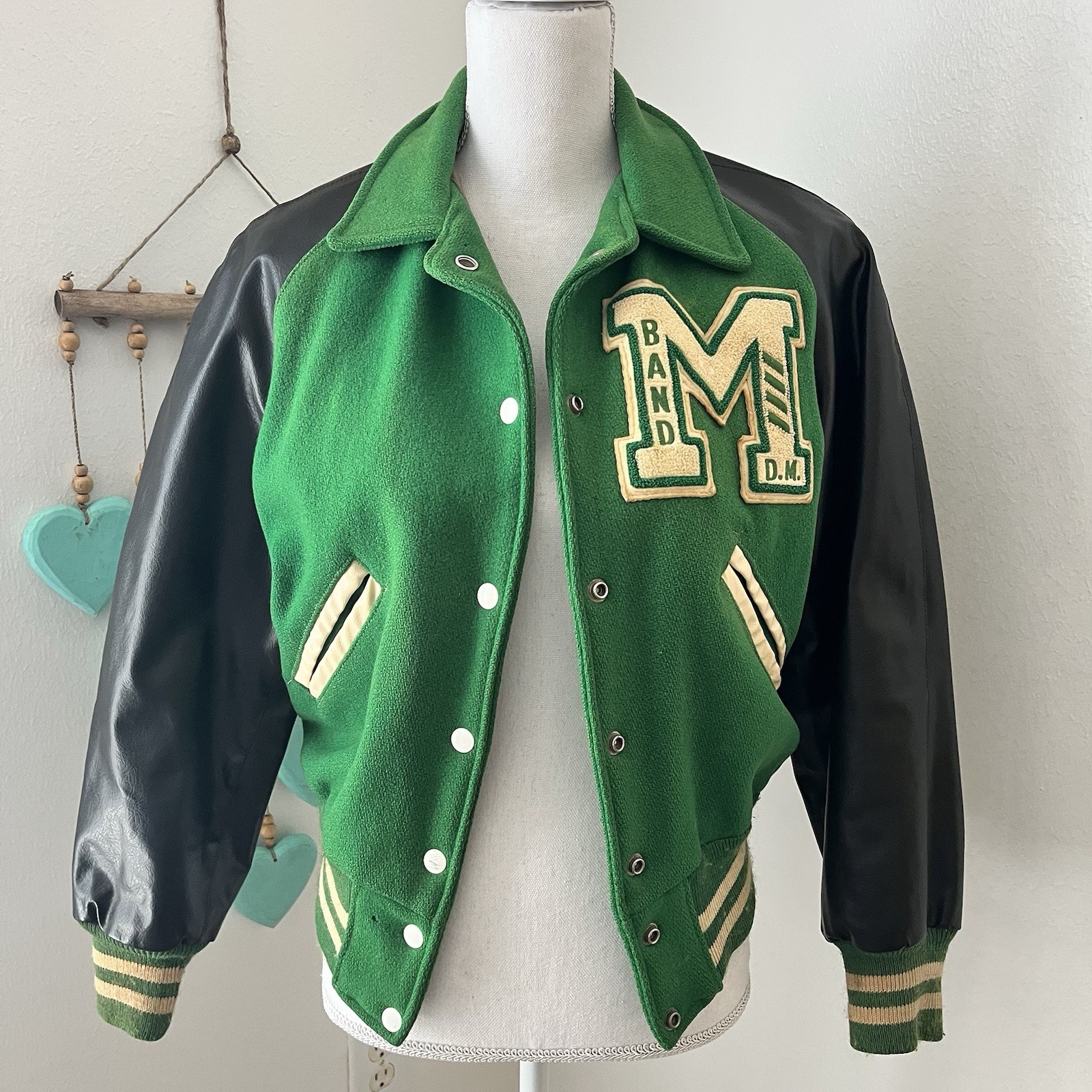 Vtg 1960s Naugalite varsity lettermans jacket Band M green black wool women