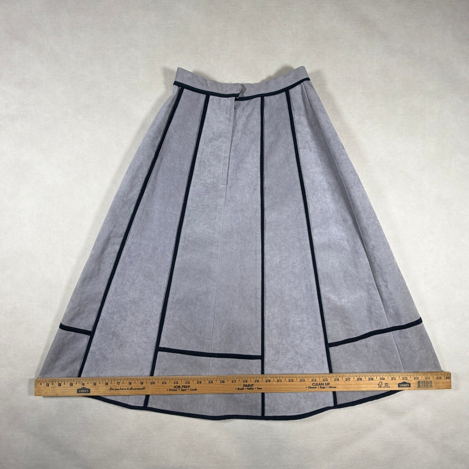 By Clarissa Vintage Ultra Suede Gray A-Line Midi Skirt Black Piping Size 6