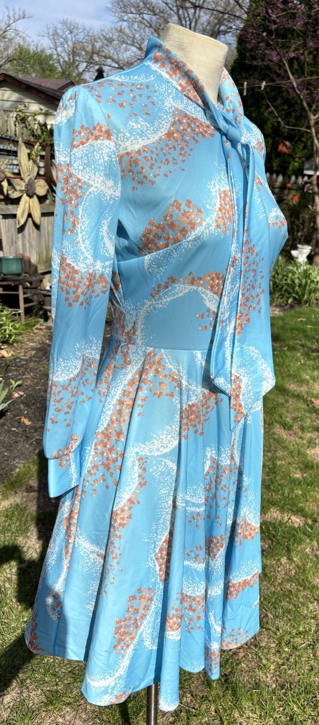 VTG 1970s Secretary Dress Pussy Cat Bow Fit Flair Midi Sz S B32 W26 Blue Orange