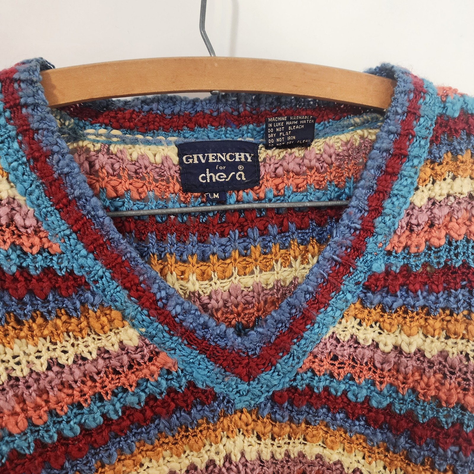 Vintage Givenchy for Chesa 100% Acrylic Knit V-Neck Multi-Colored Sweater Size M