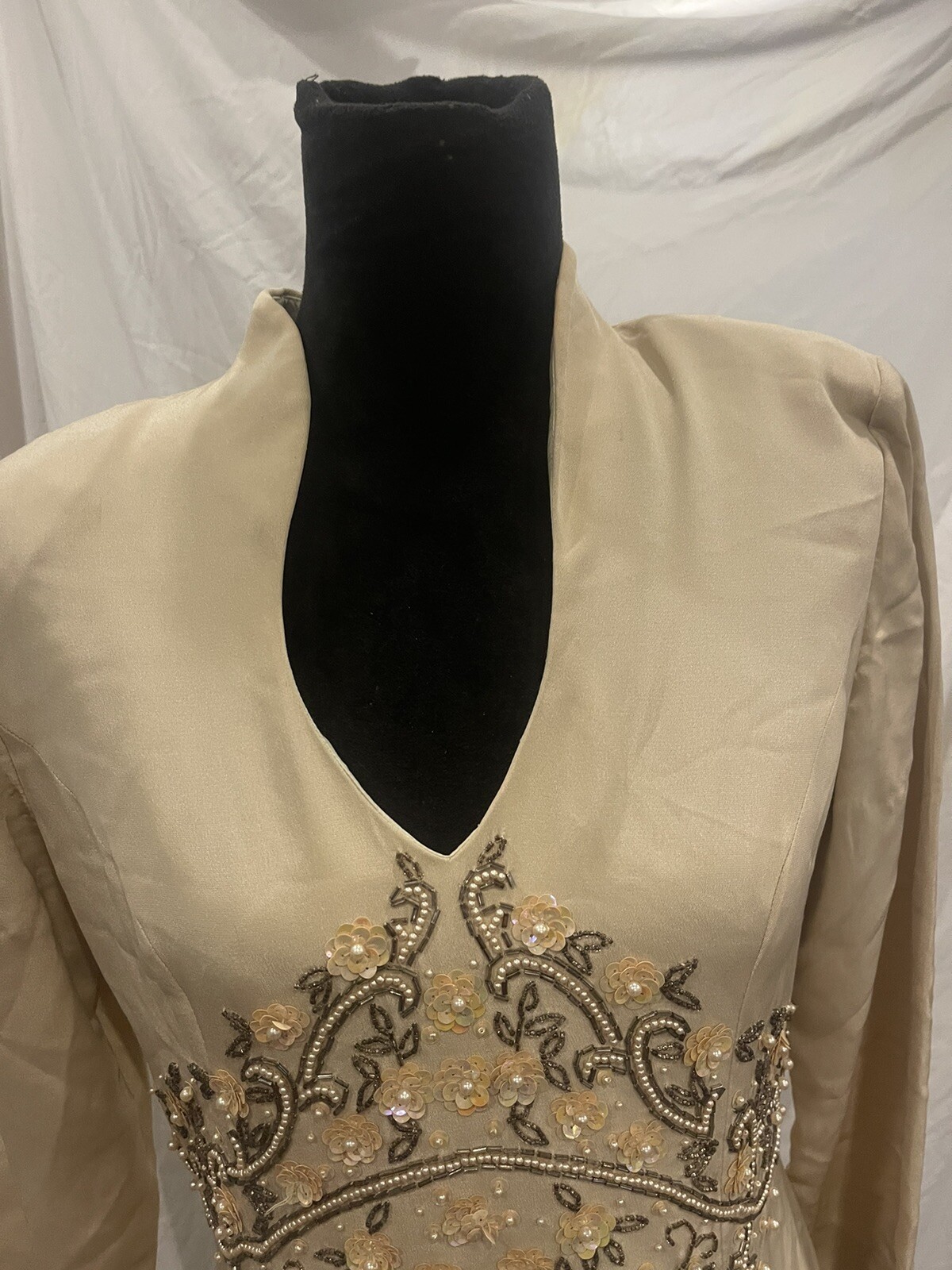 Vintage Niteline by Della Roufogali Gold Sequined Beaded Long 80s Dress Silk 10