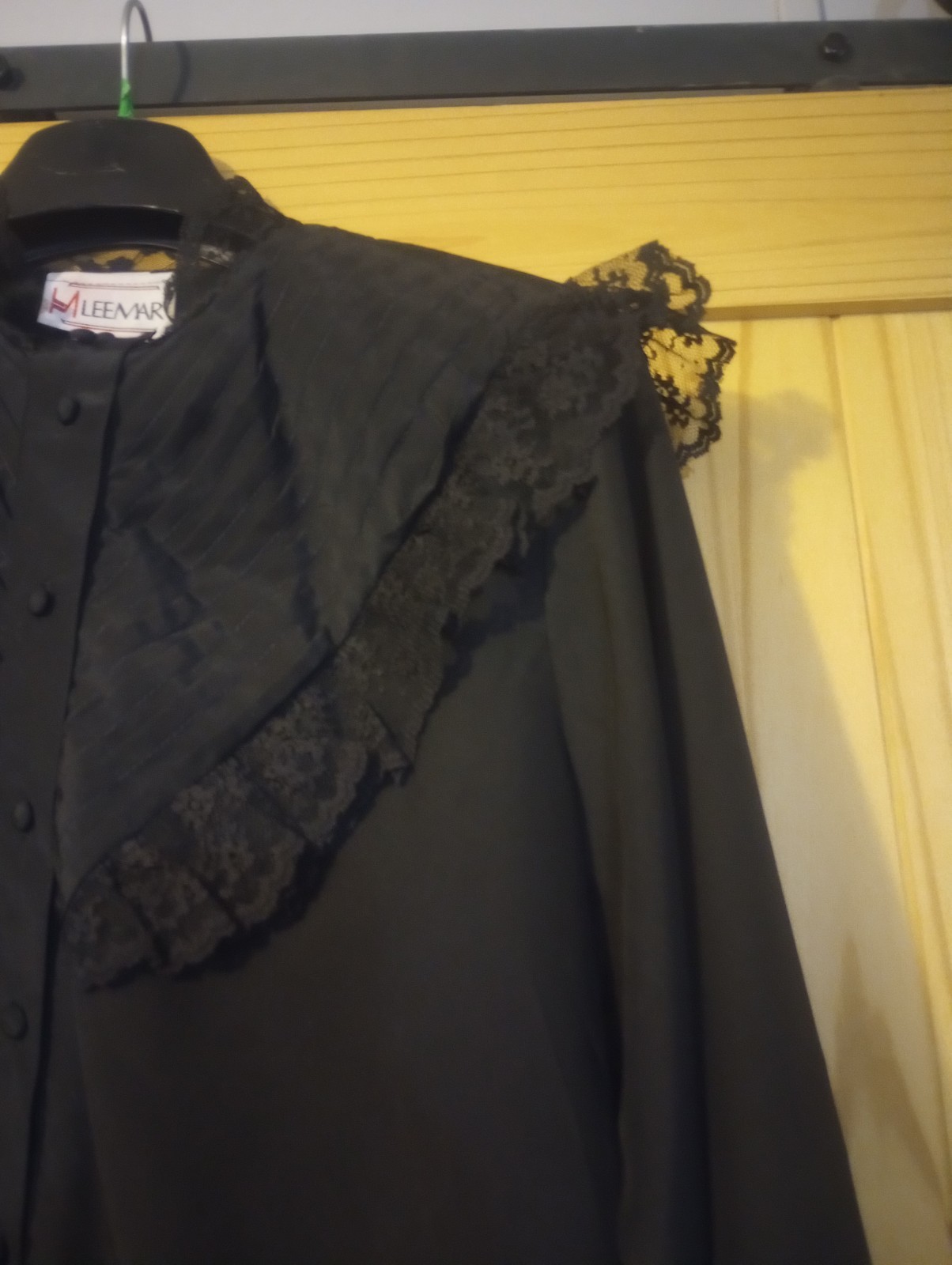Women’s Vtg Sz 14 LS Black Blouse Lace Trim Button Up 80s Goth Victorian Style
