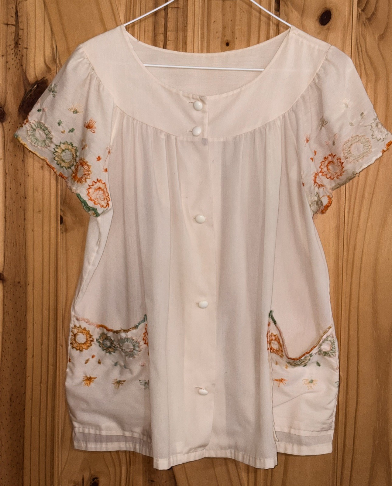 VTG 60S 70S WOMENS FLOWER EMBROIDERED FESTIVAL PRARIE BOHO BABYDOLL Shirt M
