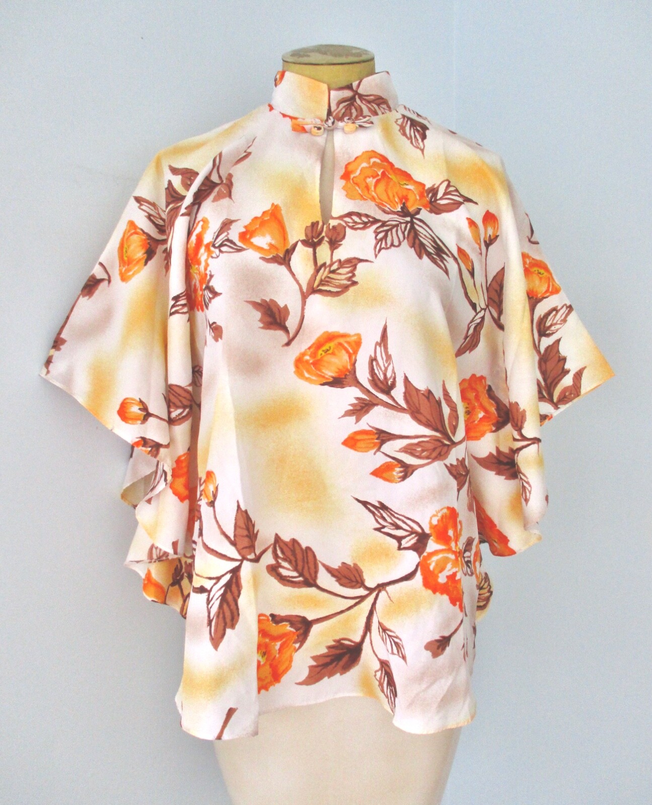 Vtg 60s 70s Hawaiian Palm Silky Poncho Cape Blouse Batwing Top Asian-Inspired M