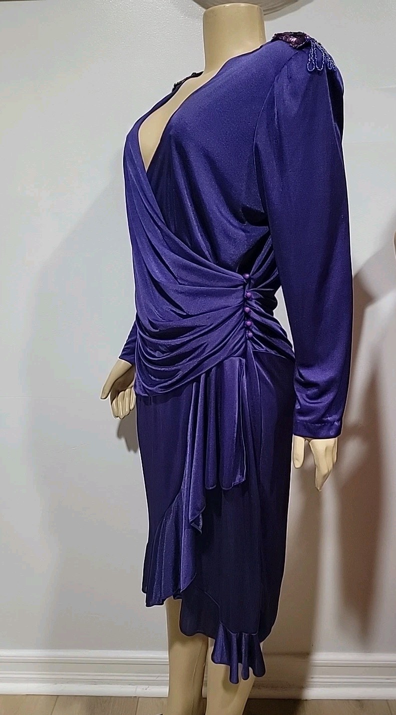 David Rose Vintage 14 Purple Wrap Ruffled Embellished Shoulder Women’s Dress #CC