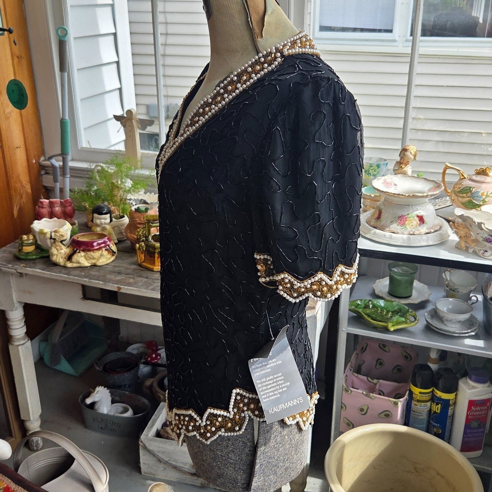 NWT Vintage 80s Laurence Kazar Vintage Top, Beaded With Pearls Silk Size Medium