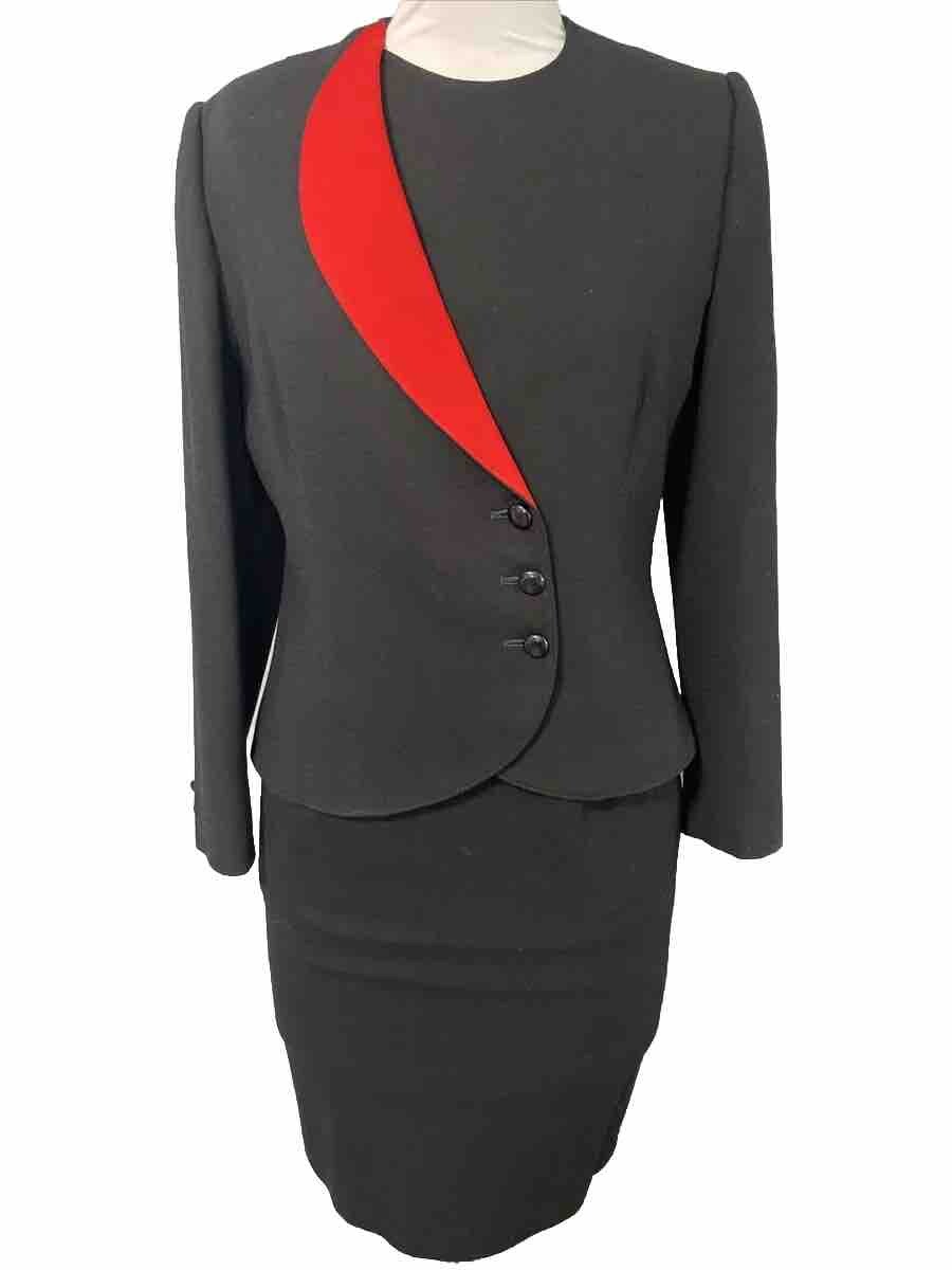 Vtg BERT NEWMAN 2-Pc Wool Black/Red Skirt Asymmetric Button Jacket Suit SZ 10
