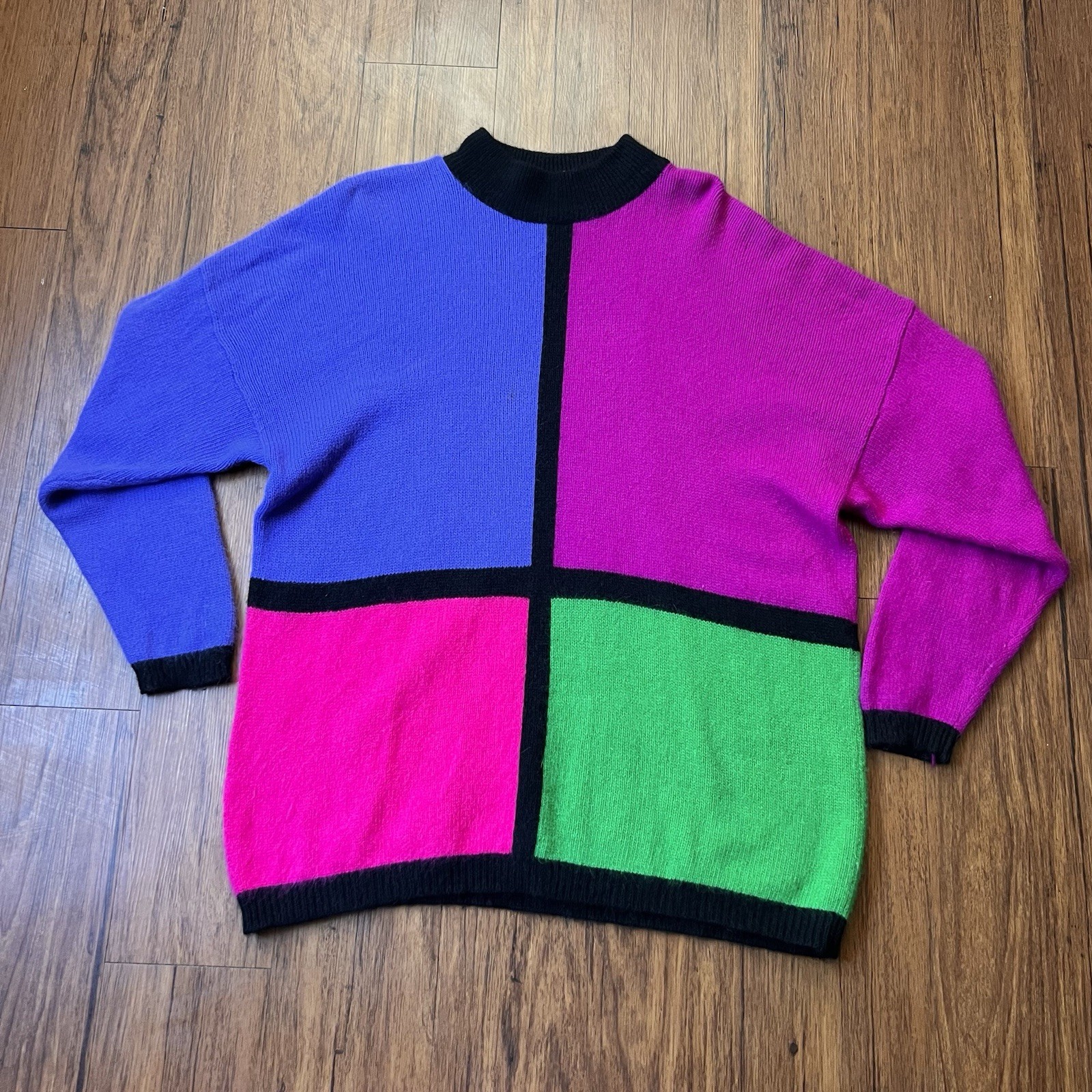 Vintage 80s Rafaella Sweater 3X Color Block Sweater Angora Lambswool Funky Retro