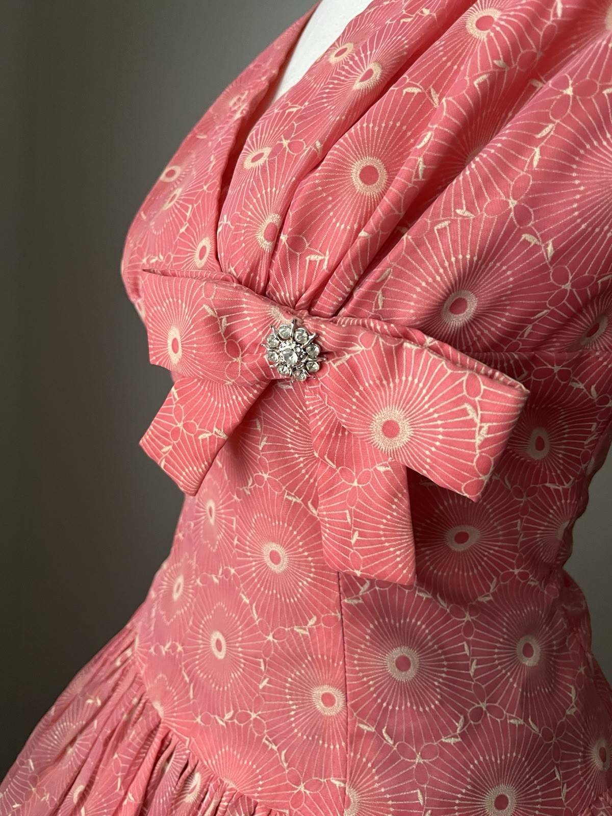 Vintage 1950s Coral Pink pattern double layer Tea Dress | Rhinestone Bow Details