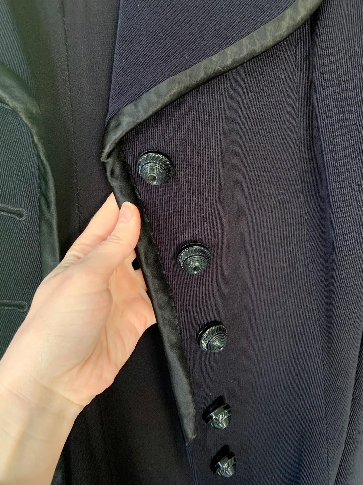 Vintage 1940s Navy Blue Princess Coat Wool Rayon Celluloid Buttons Size XS