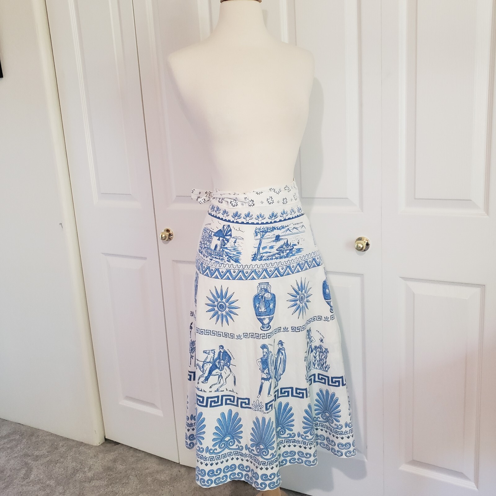 Vtg 1970s Greek Greece Novelty Wrap Skirt Blue White Cotton Size Medium