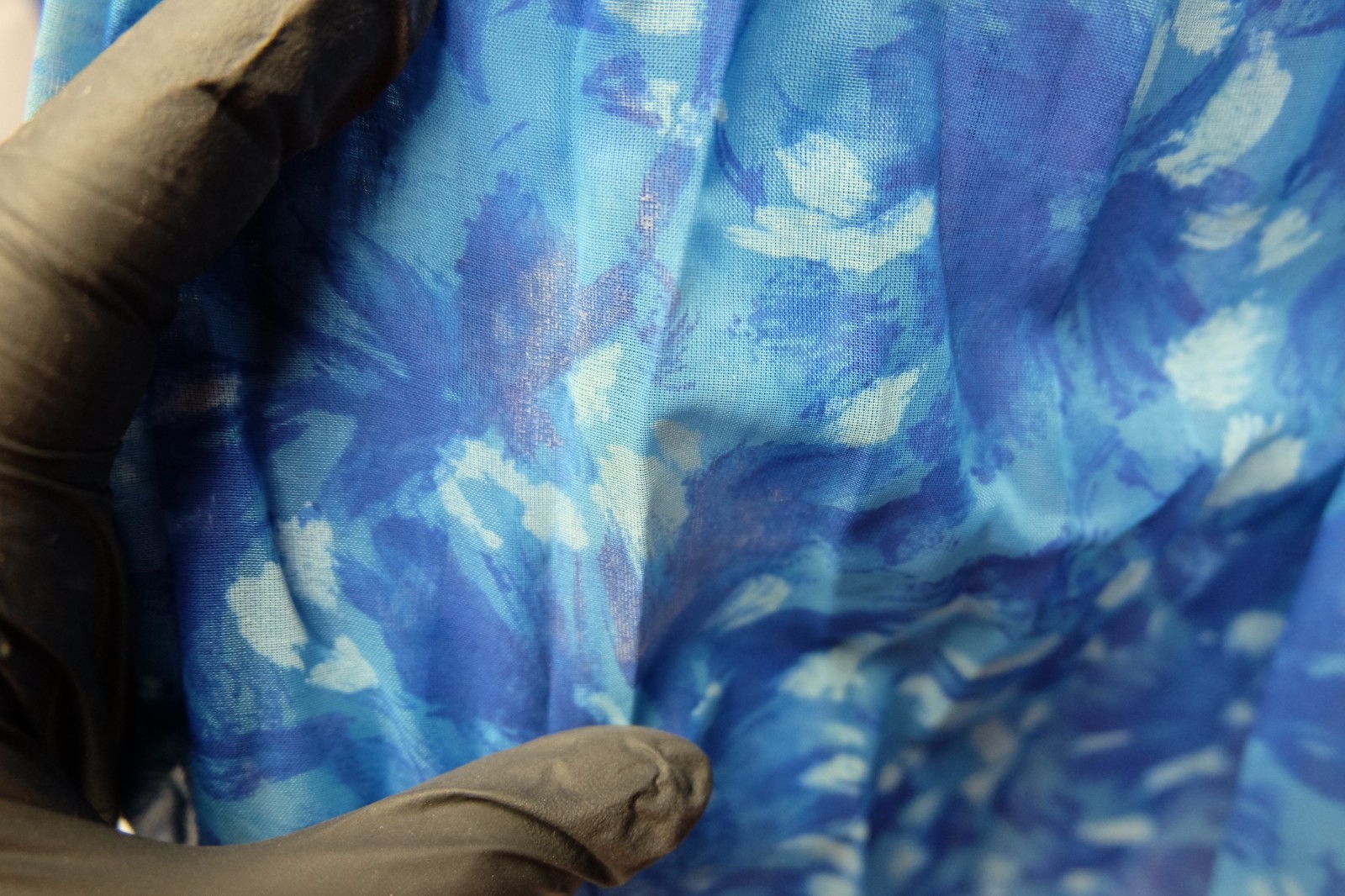 CHIFFON 1960’s A Line Dress Blue Floral Full Skirt w/ Flow Scarf & Satin Belt