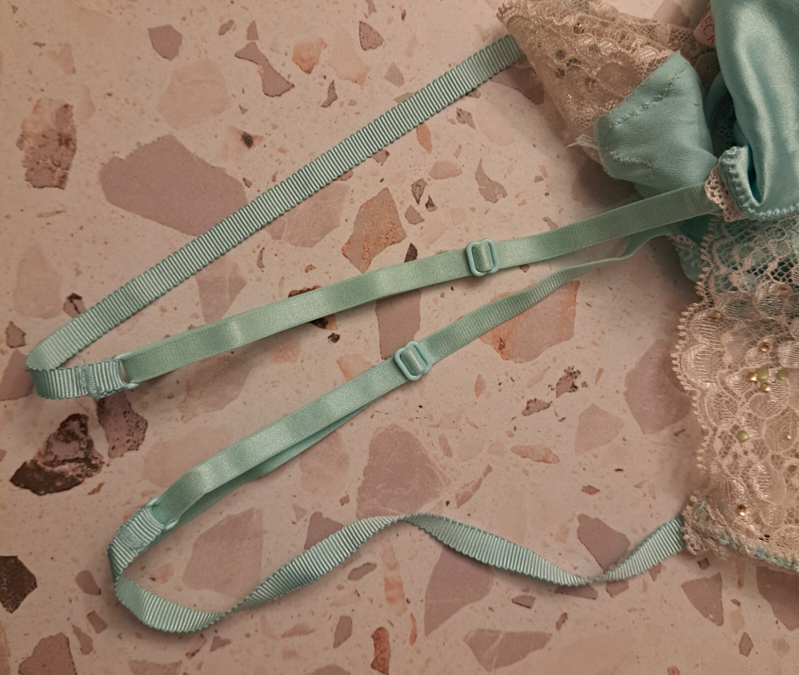 Vtg Victoria’s Secret Satin Chemise Gown Large Aqua Blue Lace Rhinestones 2013