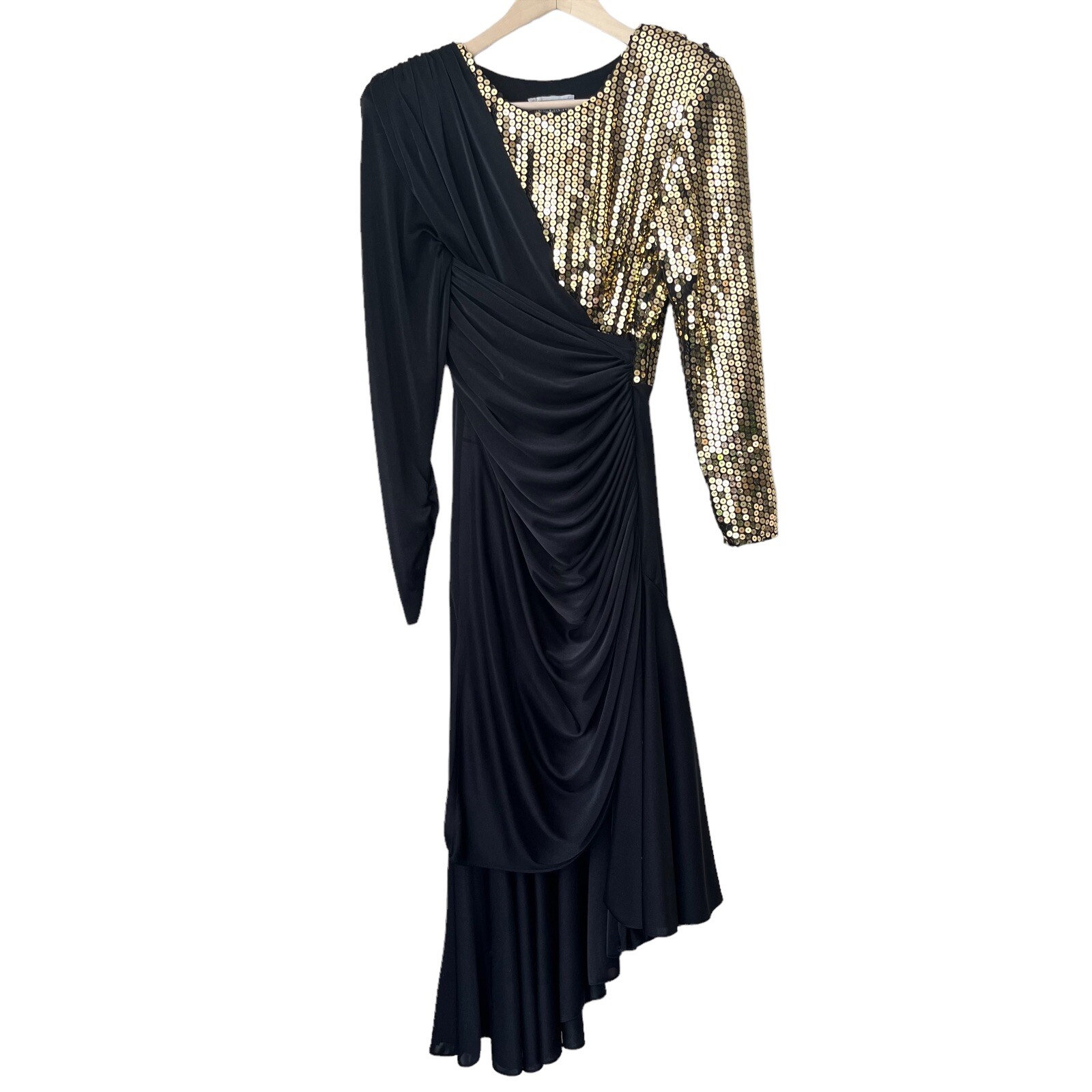 Vtg 80s Susan Roselli Vijack Black Gold Sequin Dress Asymmetrical Ruching XS S
