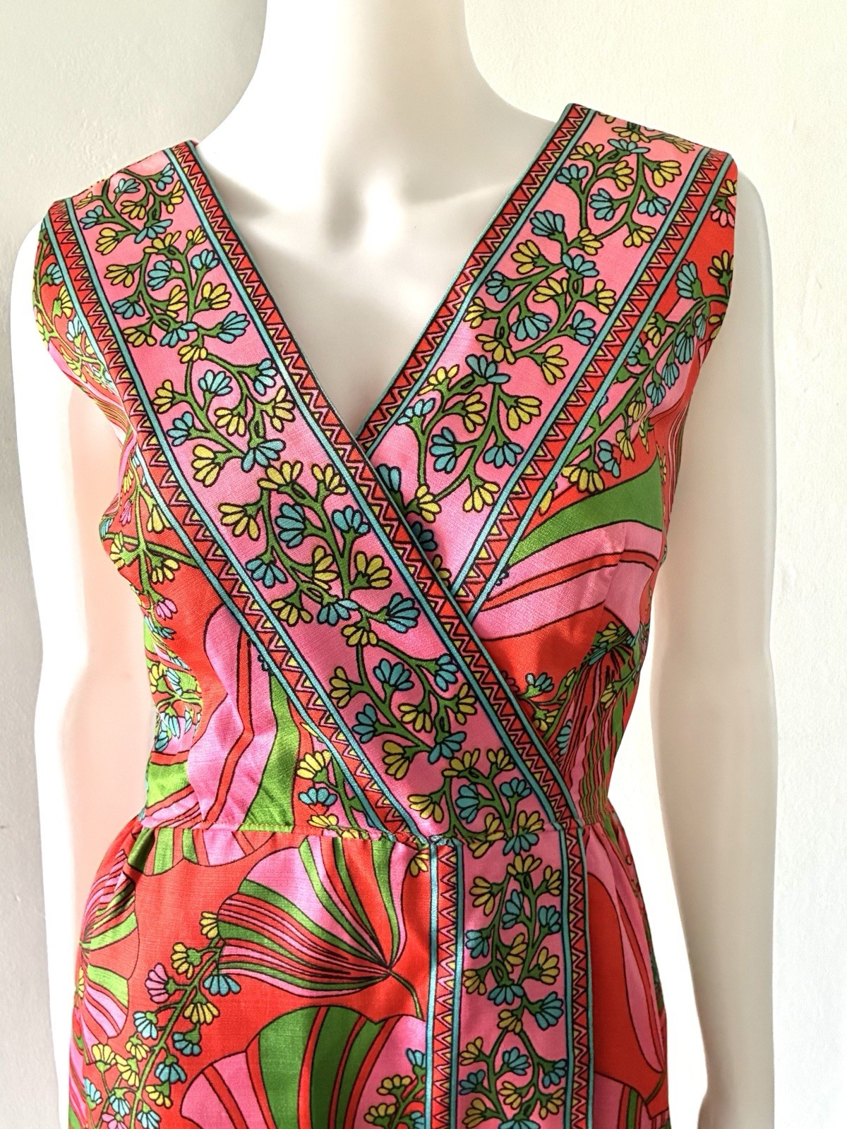 Vintage 70s B.Altman Faux Wrap Maxi Dress Gown PINK RED MOD Size 14