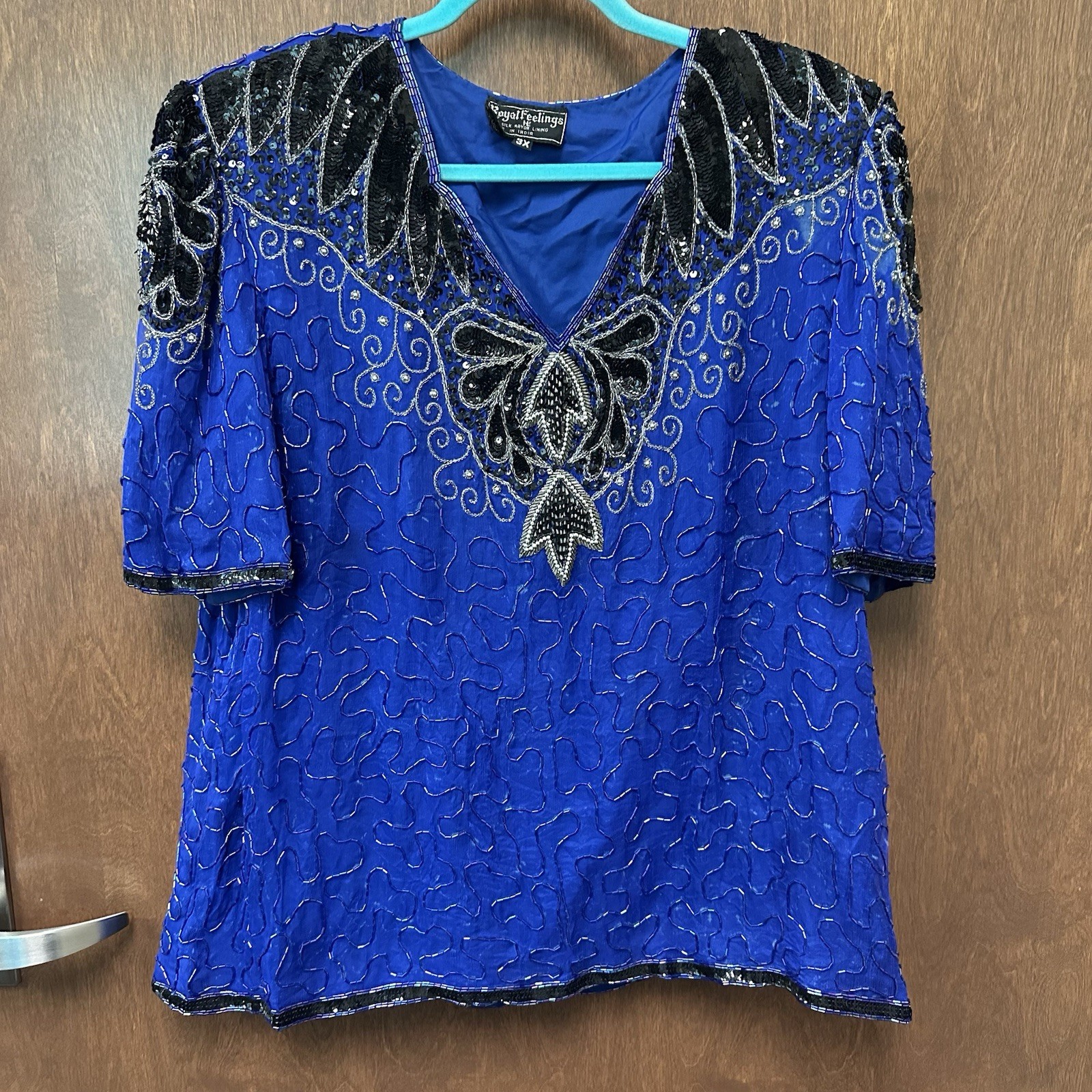 Vintage 80s Royal Feelings Beaded Sequin Party Blouse Silk Rayon Blue Black FLAW