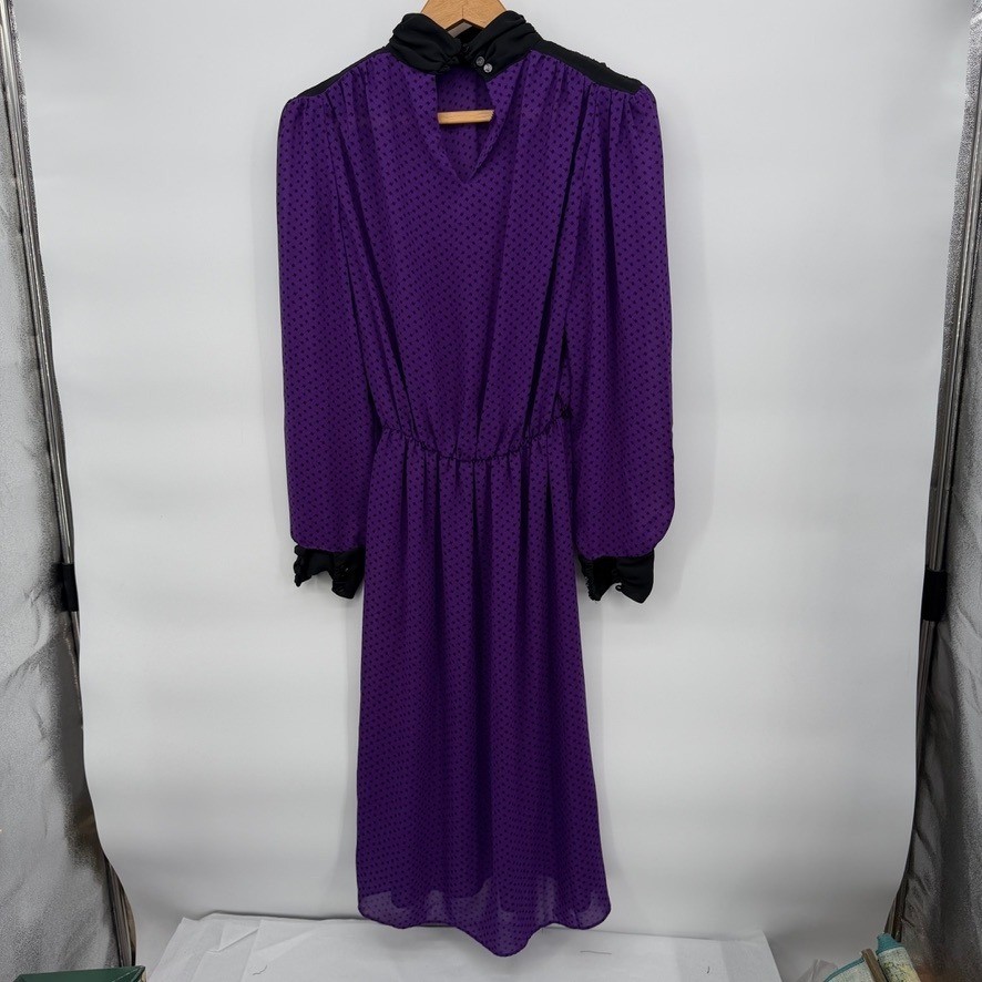 Alexis Fashions VTG Midi Dress Purple Polka Dot Retro Mod Secretary Size MD**