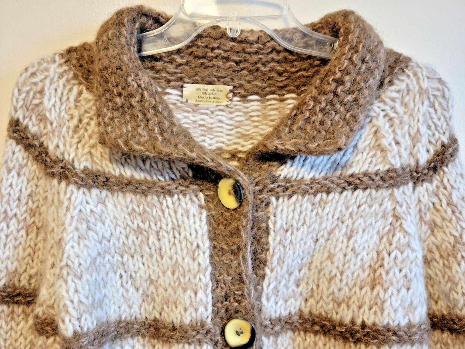 Hand Knitted Italian Wool Mix Shawl Belted Cardigan Brown Cream Vintage 70s Med