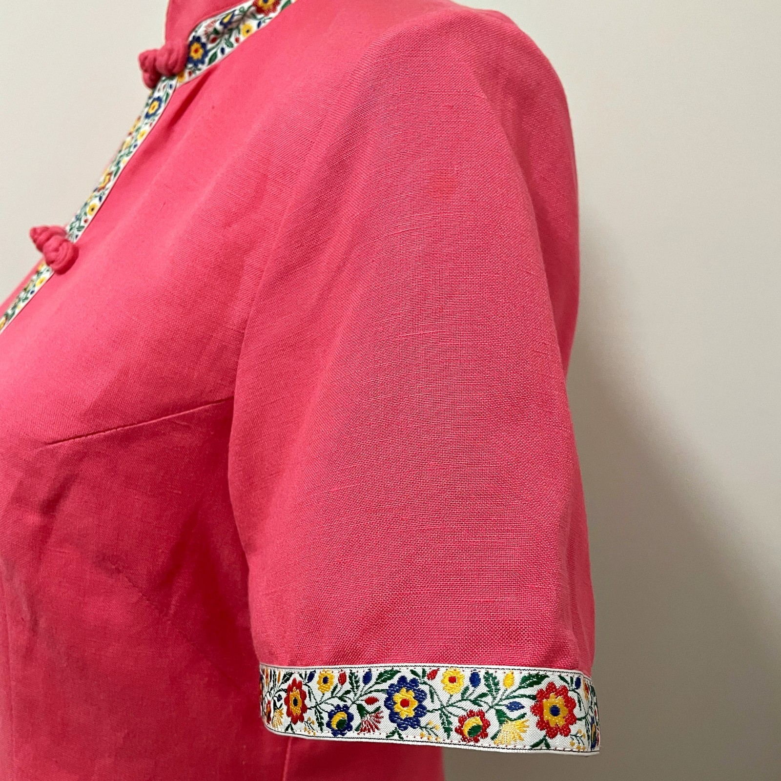 Vintage 90s Chinese Blouse Pink Floral Trim Frog Buttons Size Small