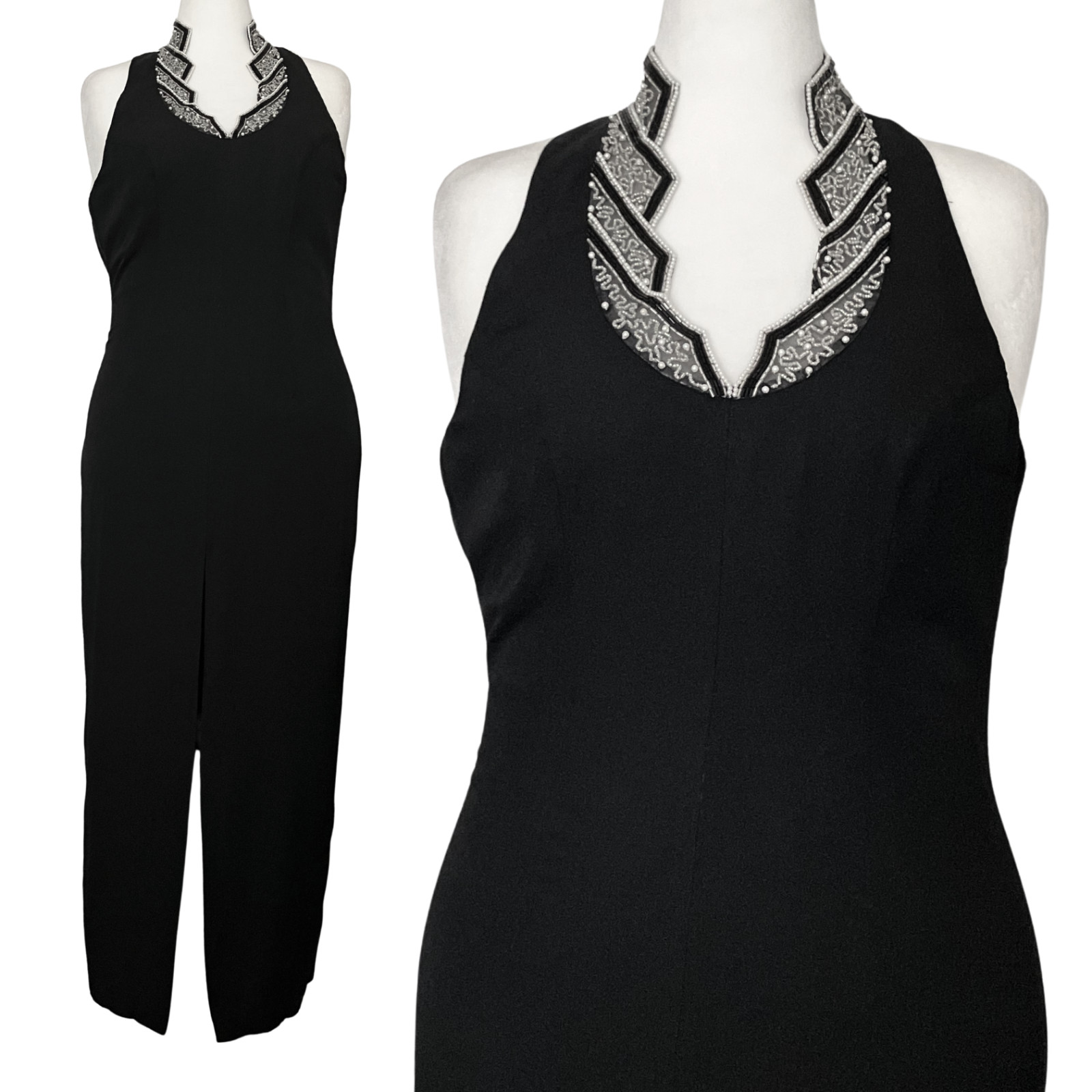 Vintage 90s Black Beaded Halter Prom Formal Dress. M/L 14. Art Deco Whimsigoth
