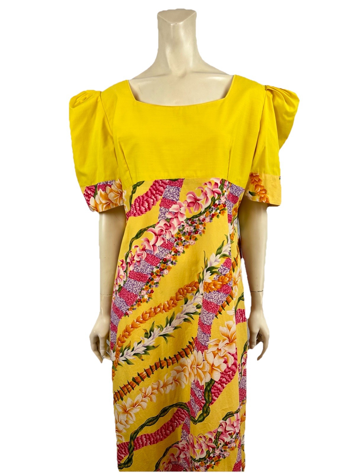 Yellow Hawaiian Floral Maxi Dress, Empire Waist, No Label, Size Large