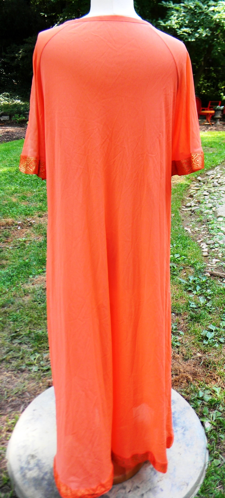 Vintage Enka Crepeset Mistee Nightgown Loungewear Orange Gold Trim Caftan Robe M