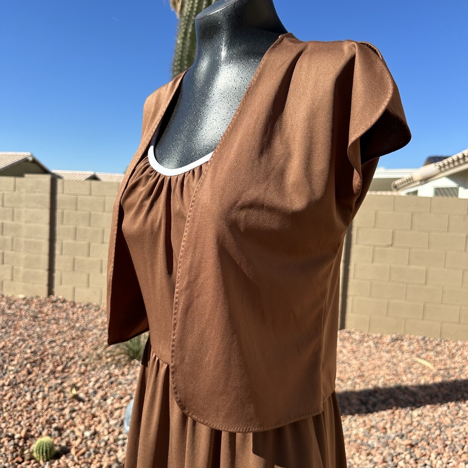 Vintage 70s Alfred Shaheen Brown Pleated Butterfly Dress Bolero Set Fits Sz 8