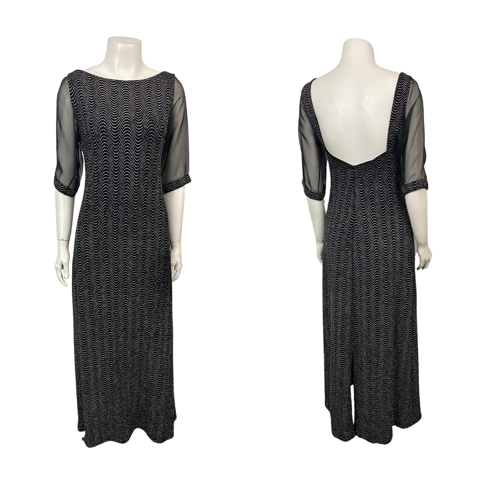 90s Black Sheer Sparkle Maxi Prom Dress Sheer Sleeves Open Back Small ^