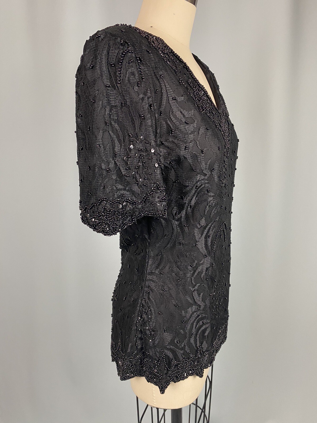 Vintage Beaded Top SIZE SMALL Rayon 80s 90S Shoulder Pad classic princess lace