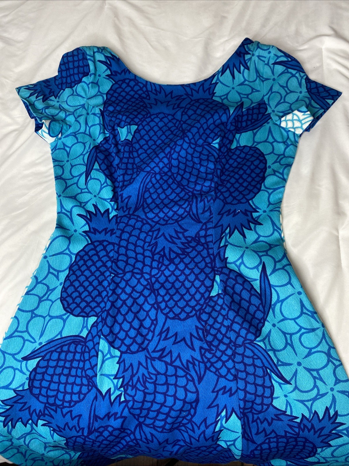 Vtg 70s Pomare Hawaiian Blue Green Floral Pineapple Tiki Muumuu Dress Sz 10