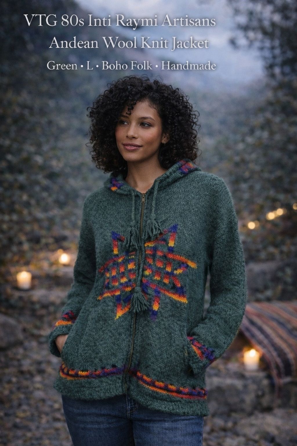 VTG 80s Inti Raymi Artisans Andean Wool Knit Jacket Green L Boho Folk Handmade