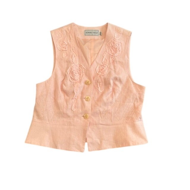 Howard Wolf Vest Womens 12 Pink Y2K Vintage Linen Blend Rosette Applique