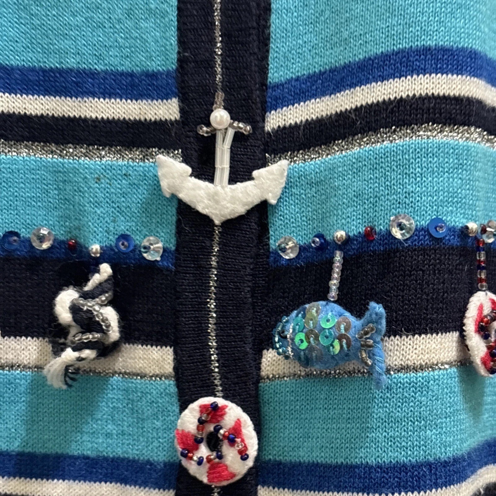 VTG Jack B Quick Cardigan Sweater Womens Petite Medium Turquoise Nautical Themed