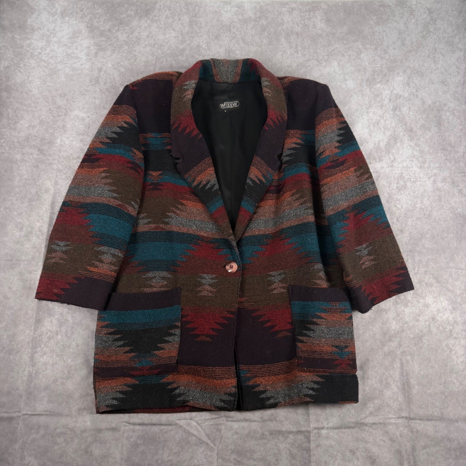 Vintage Wrapper USA Southwestern Aztec Blanket Blazer Jacket Multi Color