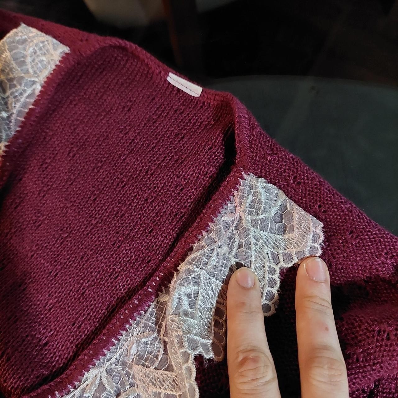 Vintage short sleeve reddish purple sweater with lace collar detail.