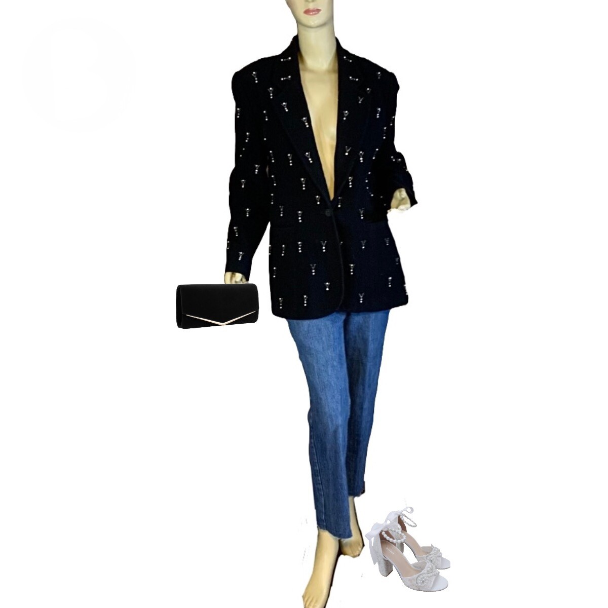 VINTAGE 1980’S FOCUS 2000 BLACK WOOL & CASHMERE BLEND BEADED BLAZER SIZE 12