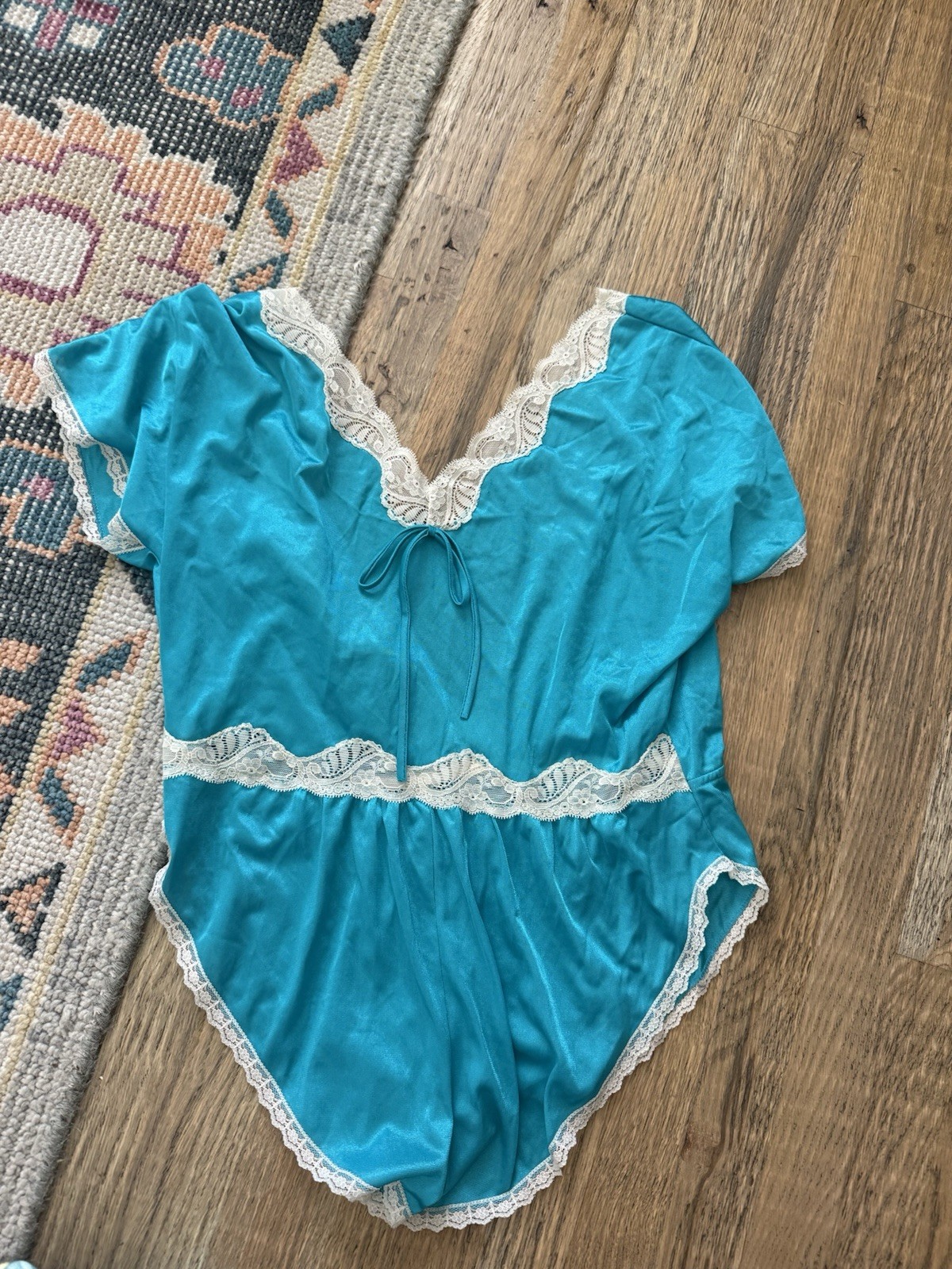 Vintage Teal Nylon Playsuit Teddy Romper Size Medium Large Nightie Lingerie