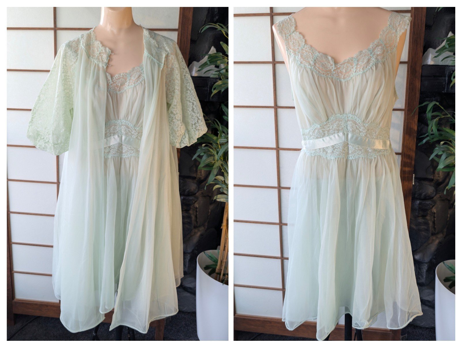 Vtg 50s Vanity Fair Peignoir Lingerie Sheer Chiffon Nightgown Mint Green 36 S/M