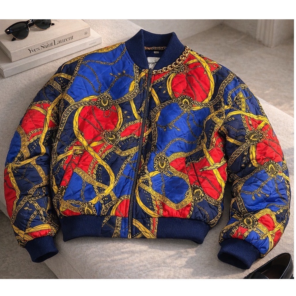 Vintage Jacqueline Ferrar Quilted Bomber Jacket Blue Red Gold Chain Print OSFM