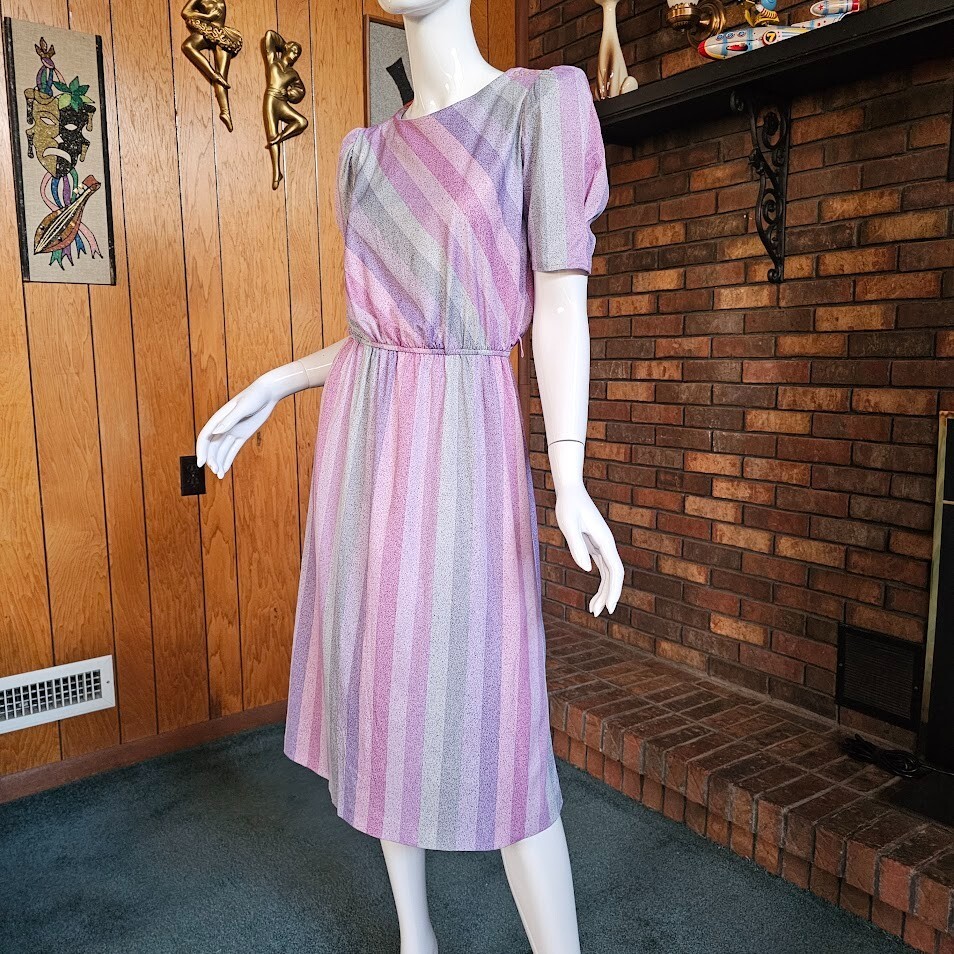 Vtg 80s Puff Sleeve Preppy Disco Studio 54 Rainbow Striped Day Party Dress M/L