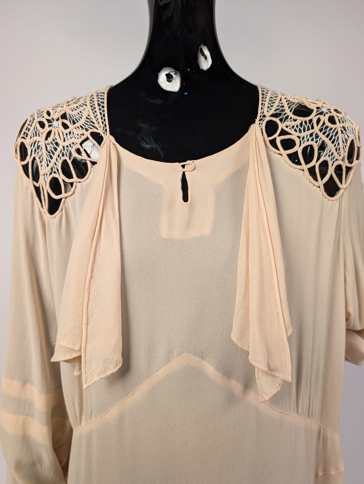 PEGGY DARE – PARAMOUNT DRESS CO LATE 1920’S CHIFFON DRESS W HAND MADE LACE TOP