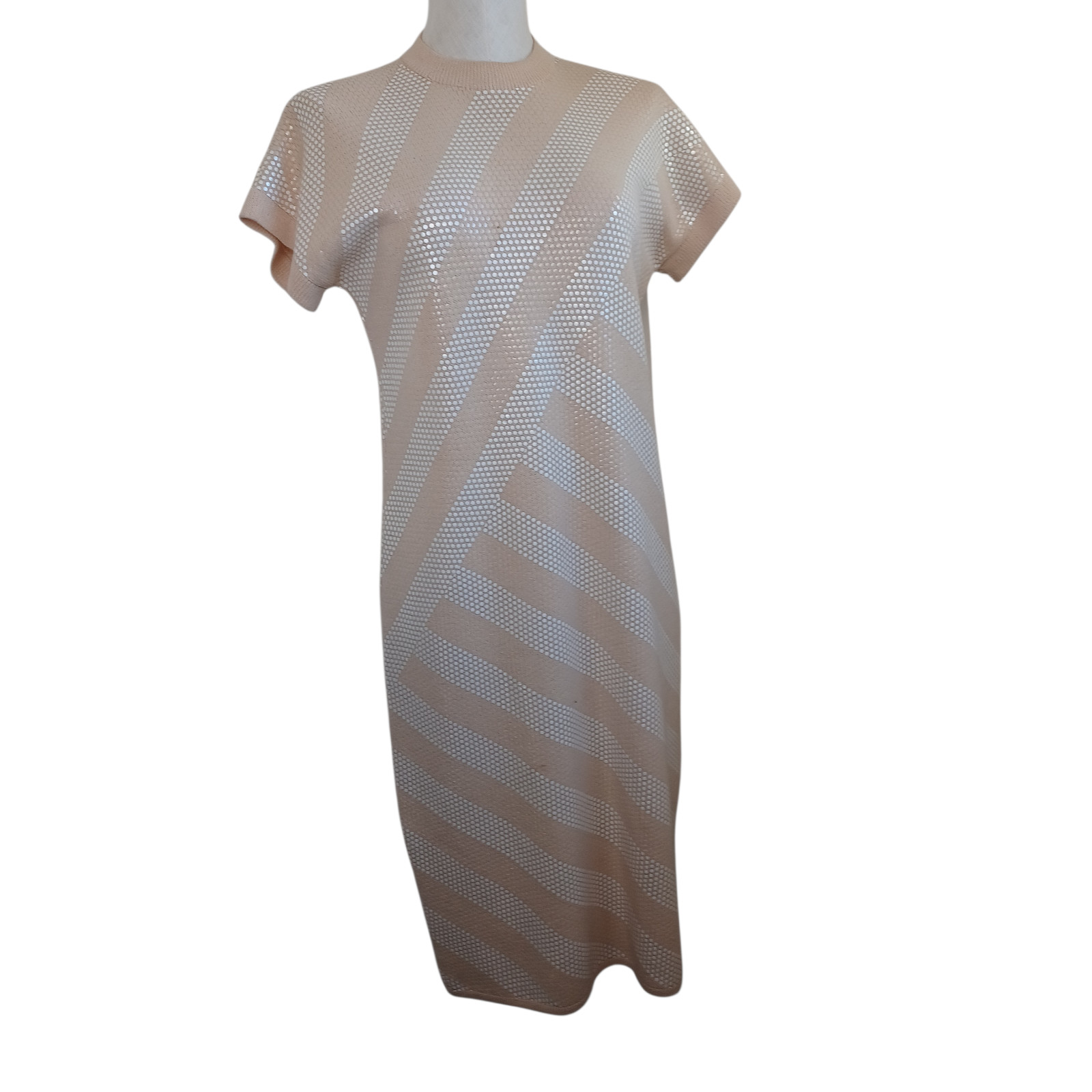 St John Saks Fifth Avenue Vintage Knit Sequin Geometric Dress Peach Sz 10 USA