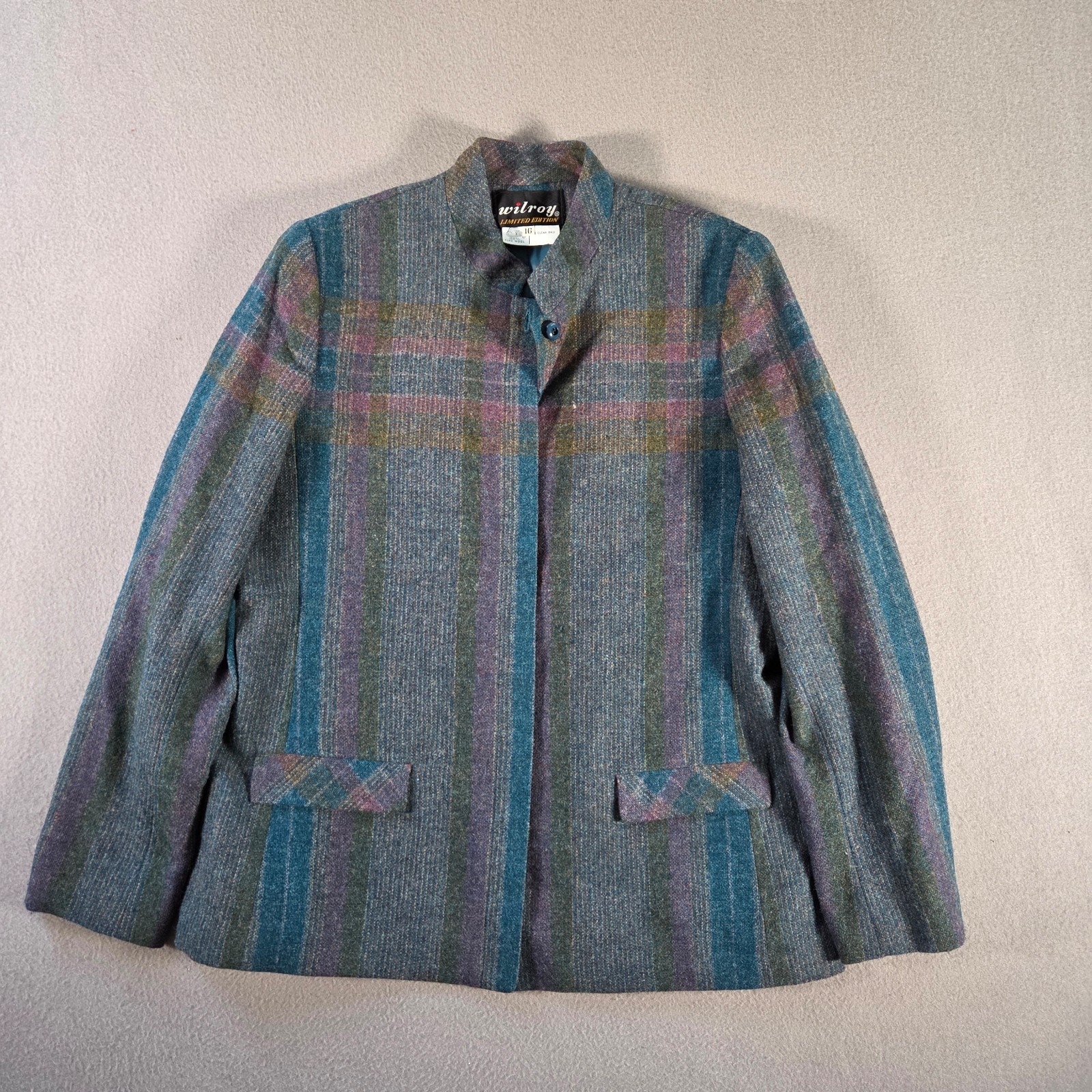 Vintage Wilroy Jacket Womens 16 Grey Wool Striped Blazer Mod ILGWU Made USA